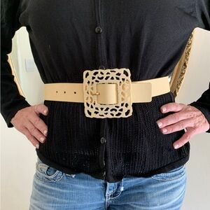 DONCASTER Genuine Leather Beige Belt, Large Acrylic Buckle, Made in Italy